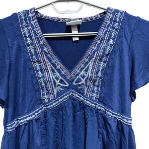 Knox Rose Blouse Size S Blue Embroidered Boho Short Sleeve Fairy Tunic Peplum